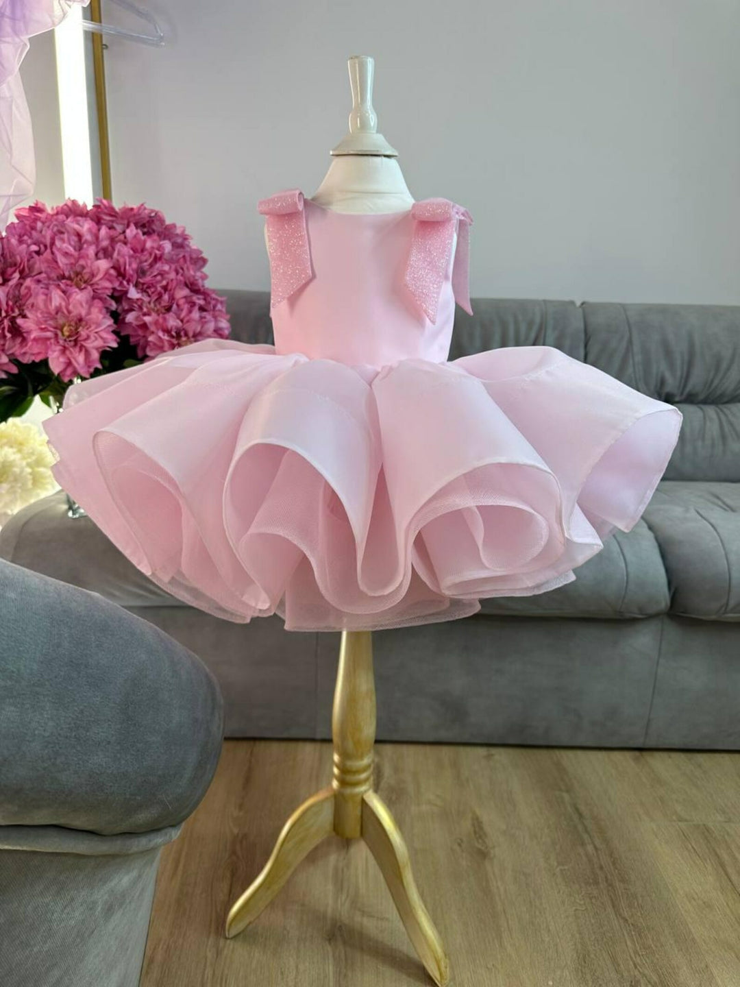 TinyTulle Beige Organza Princess Flower Girl Dress with V Back &amp; Bow Details