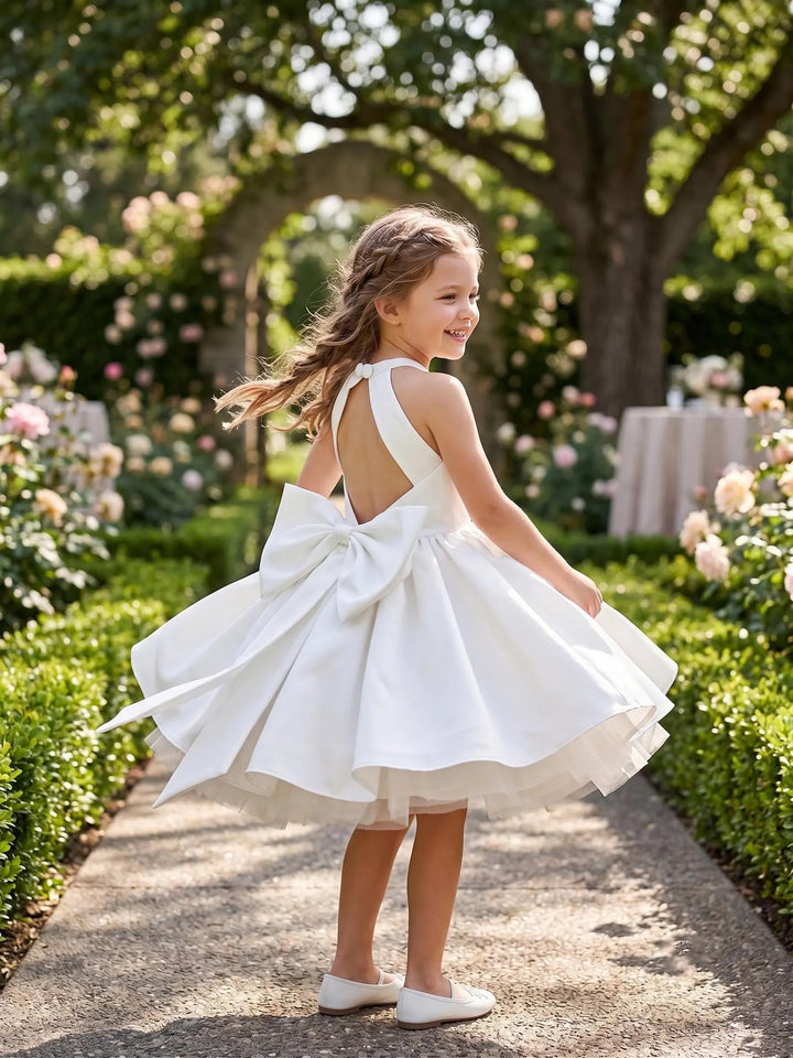 TinyTulle Elegant White Satin Halter Flower Girl Dress with Bow Back for Wedding