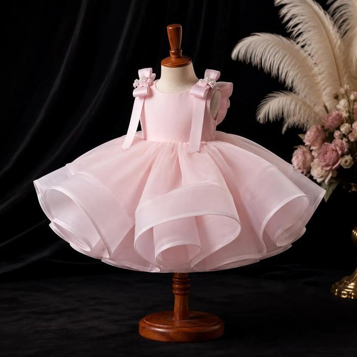 TinyTulle Elegant Pink Organza Ball Gown Flower Girl Dress with  Bow Details