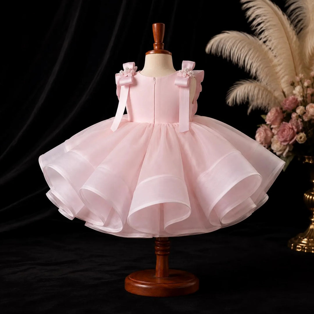 TinyTulle Elegant Pink Organza Ball Gown Flower Girl Dress with  Bow Details