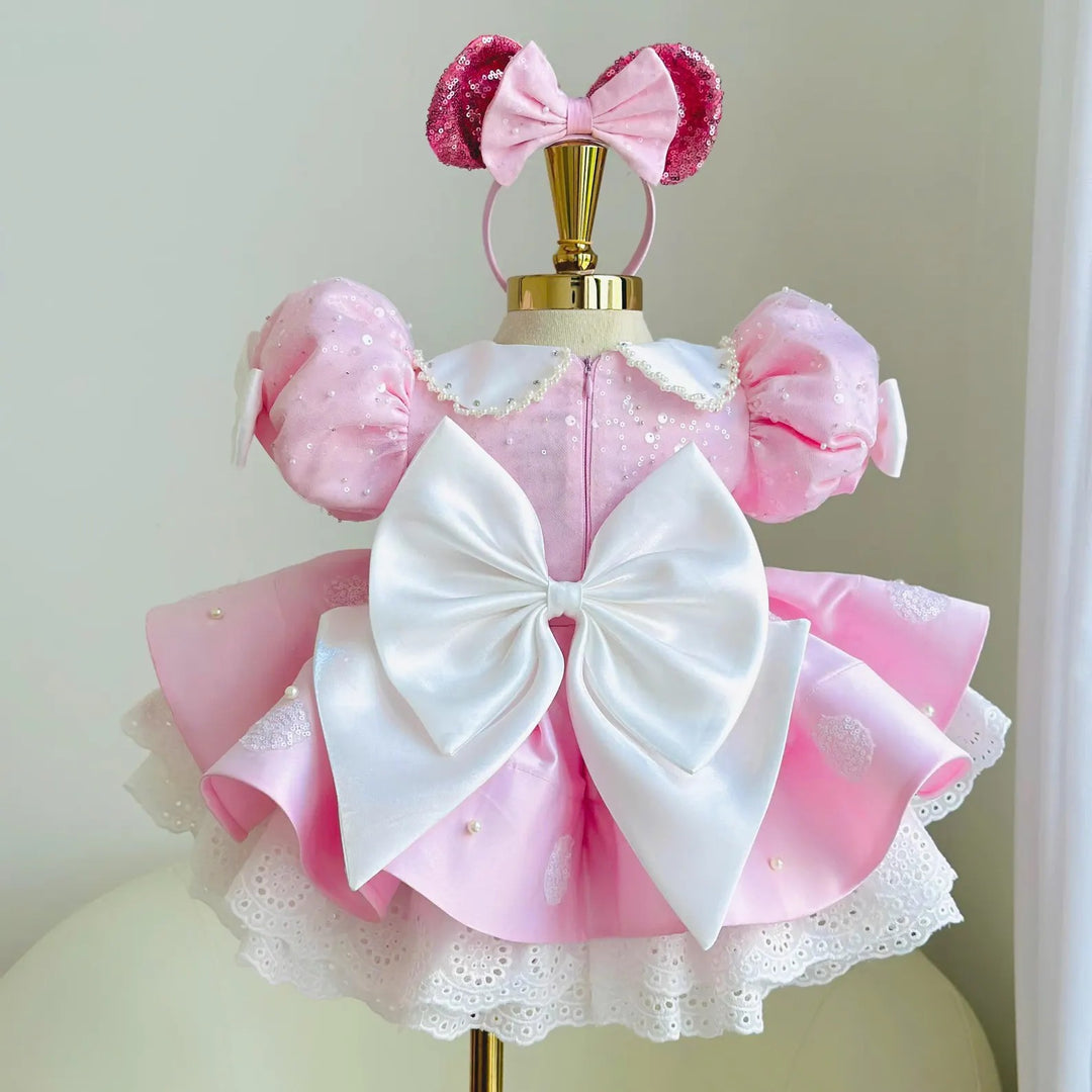 TinyTulle Pink Satin Polka Dot Flower Girl Dress with Puff Sleeves and Bow for Birthday Party
