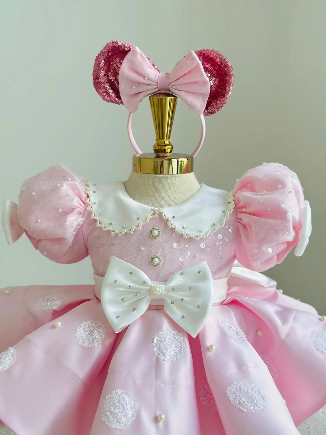 TinyTulle Pink Satin Polka Dot Flower Girl Dress with Puff Sleeves and Bow for Birthday Party