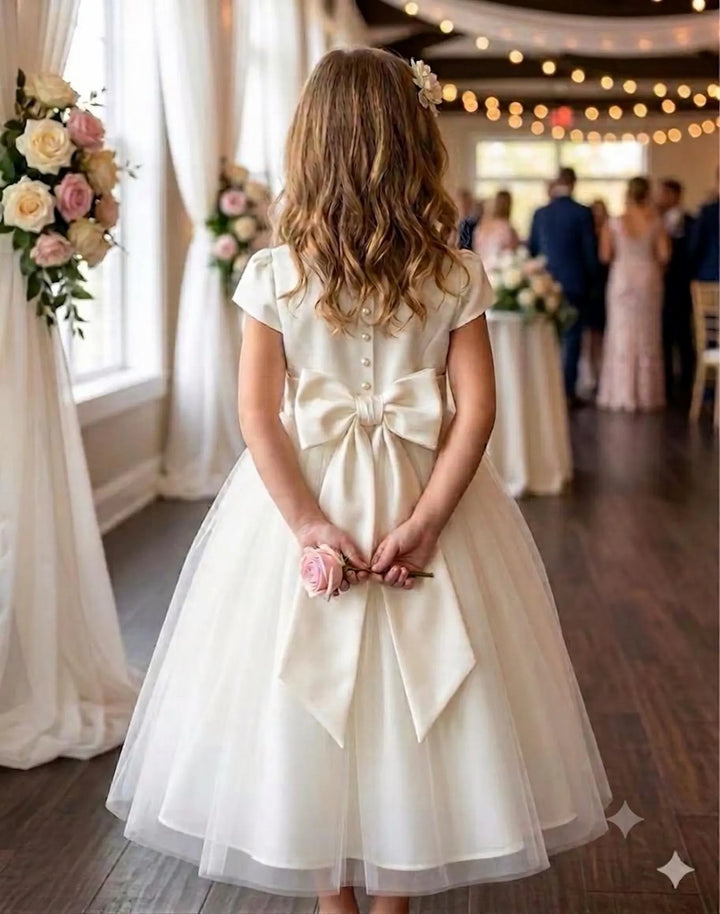 TinyTulle Elegant Ivory Tulle Short Sleeve Tea Length Flower Girl Dress