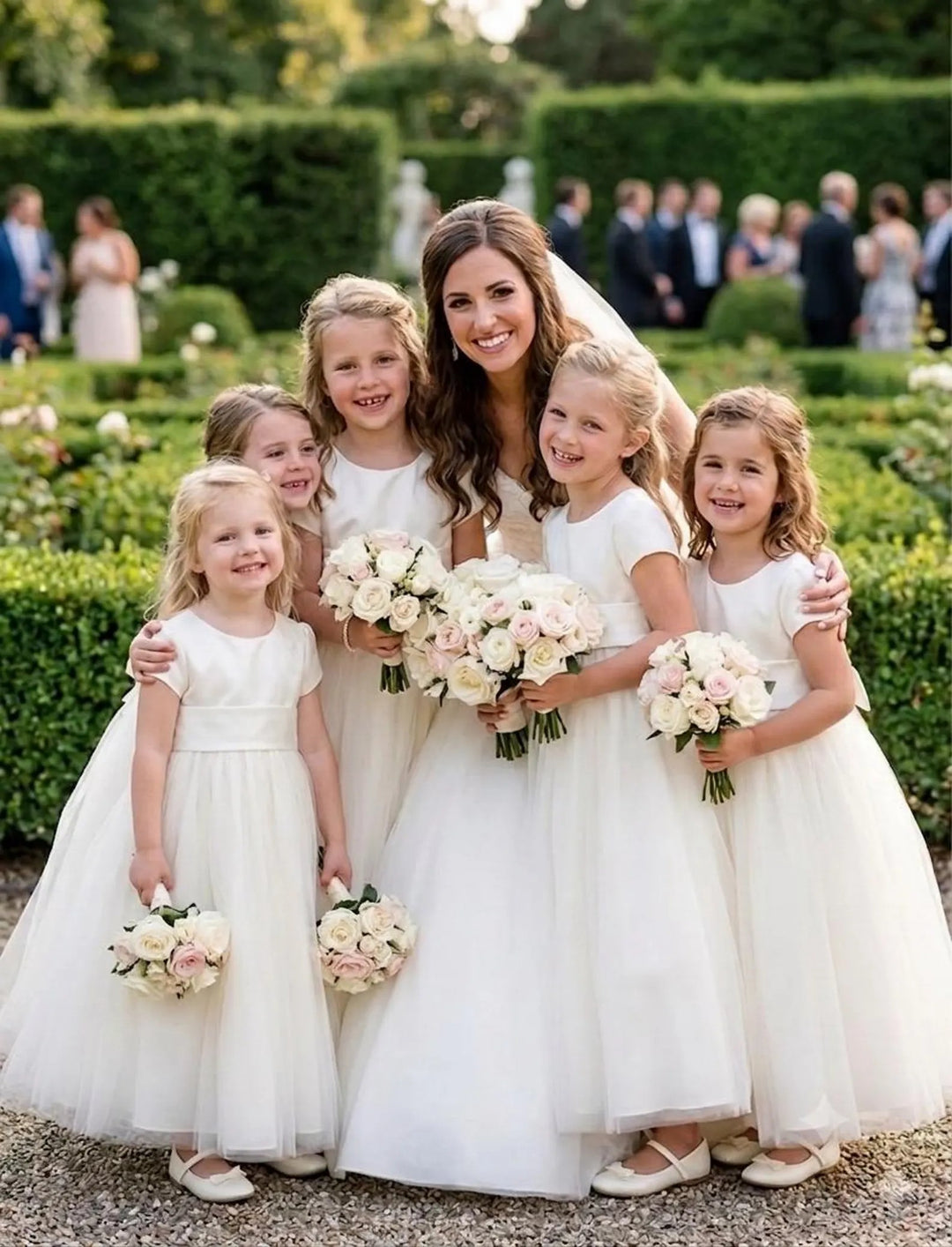 TinyTulle Elegant Ivory Tulle Short Sleeve Tea Length Flower Girl Dress