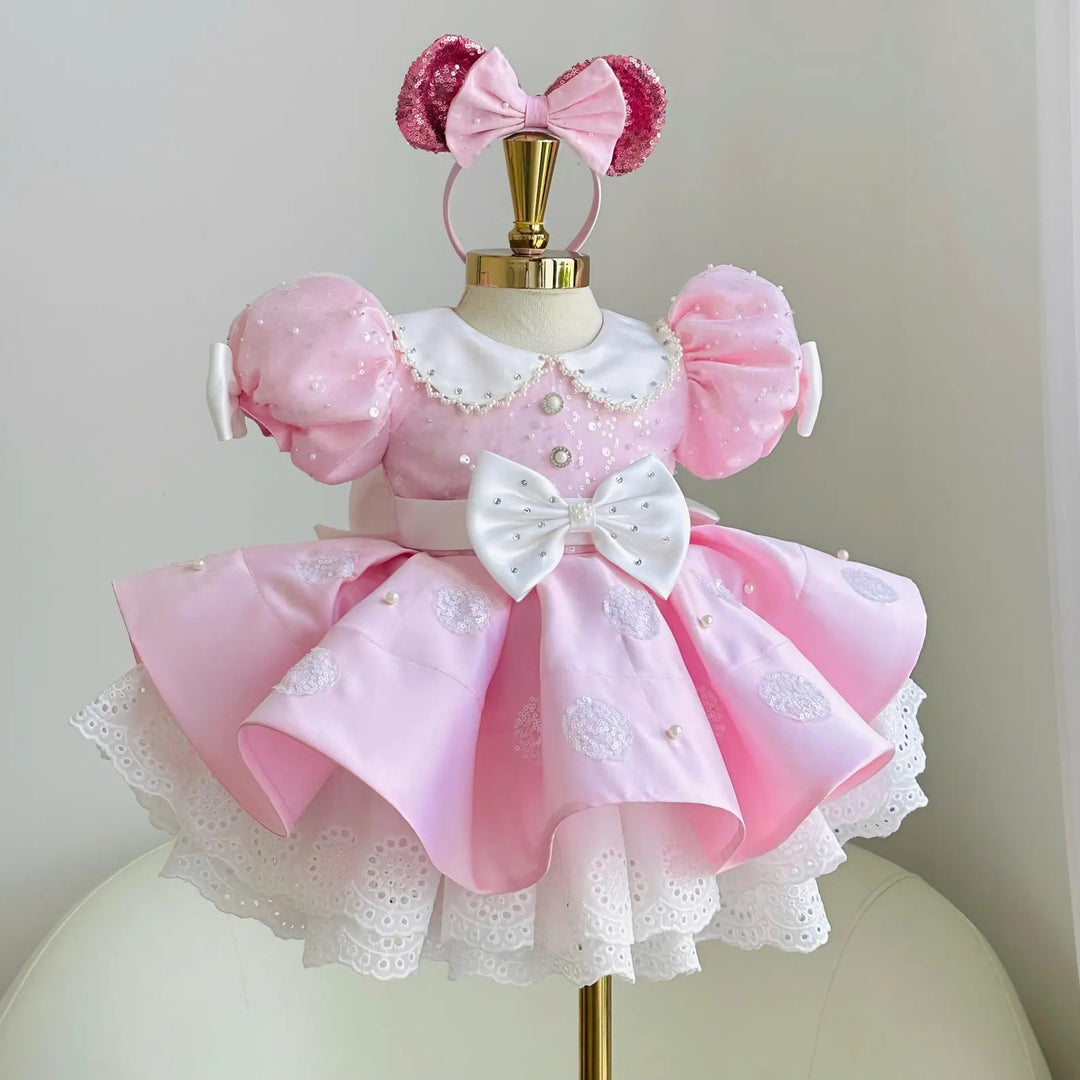 TinyTulle Pink Satin Polka Dot Flower Girl Dress with Puff Sleeves and Bow for Birthday Party