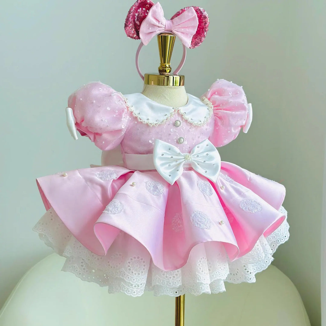 TinyTulle Pink Satin Polka Dot Flower Girl Dress with Puff Sleeves and Bow for Birthday Party