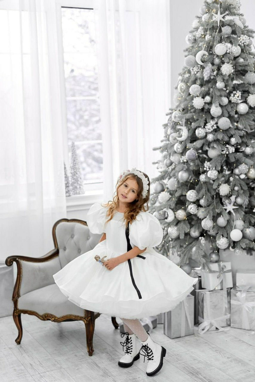 TinyTulle Blue Puff Sleeve Tulle Flower Girl Dress Tutu Party Gown for Birthday &amp; Wedding