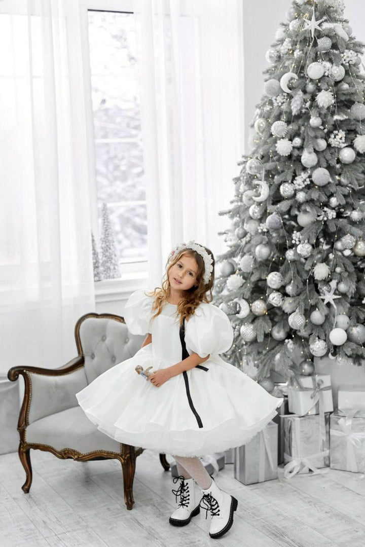 TinyTulle Blue Puff Sleeve Tulle Flower Girl Dress Tutu Party Gown for Birthday &amp; Wedding
