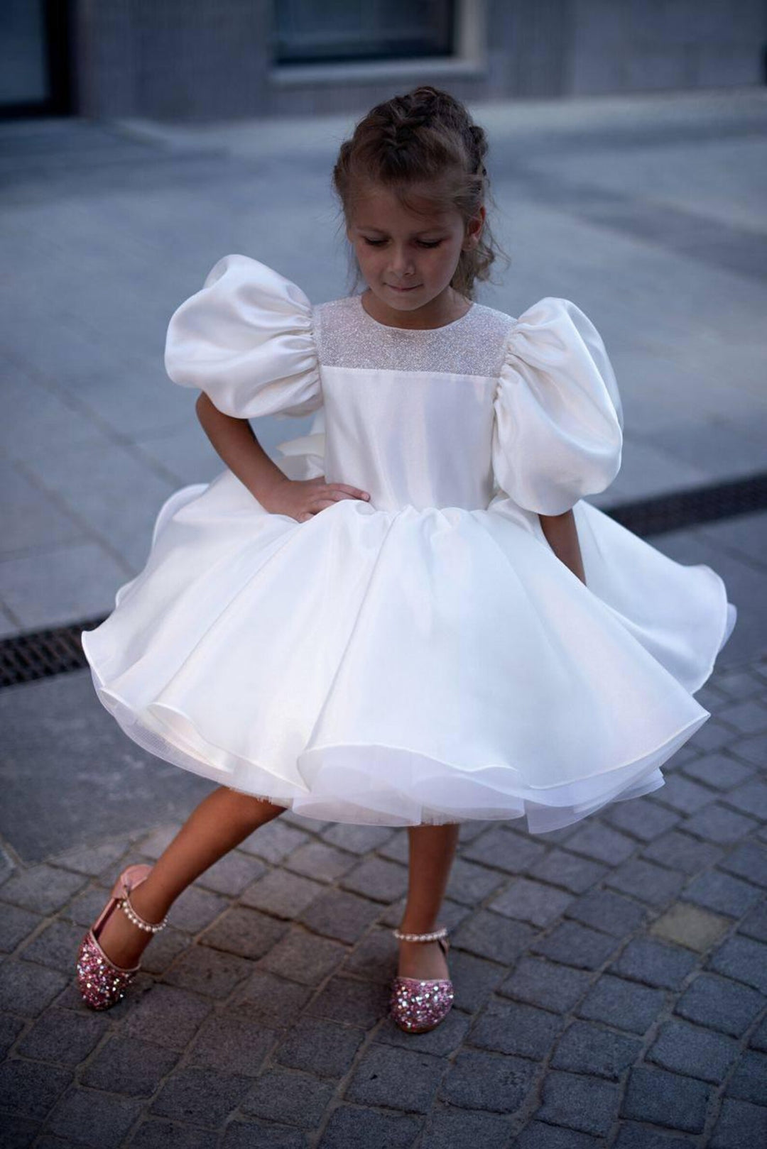 TinyTulle Blue Puff Sleeve Tulle Flower Girl Dress Tutu Party Gown for Birthday &amp; Wedding