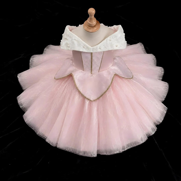 TinyTulle Pink Off-Shoulder Princess Ball Gown with Pearl Collar and 3D Flowers