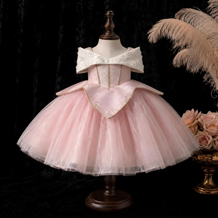 TinyTulle Pink Off-Shoulder Princess Ball Gown with Pearl Collar and 3D Flowers
