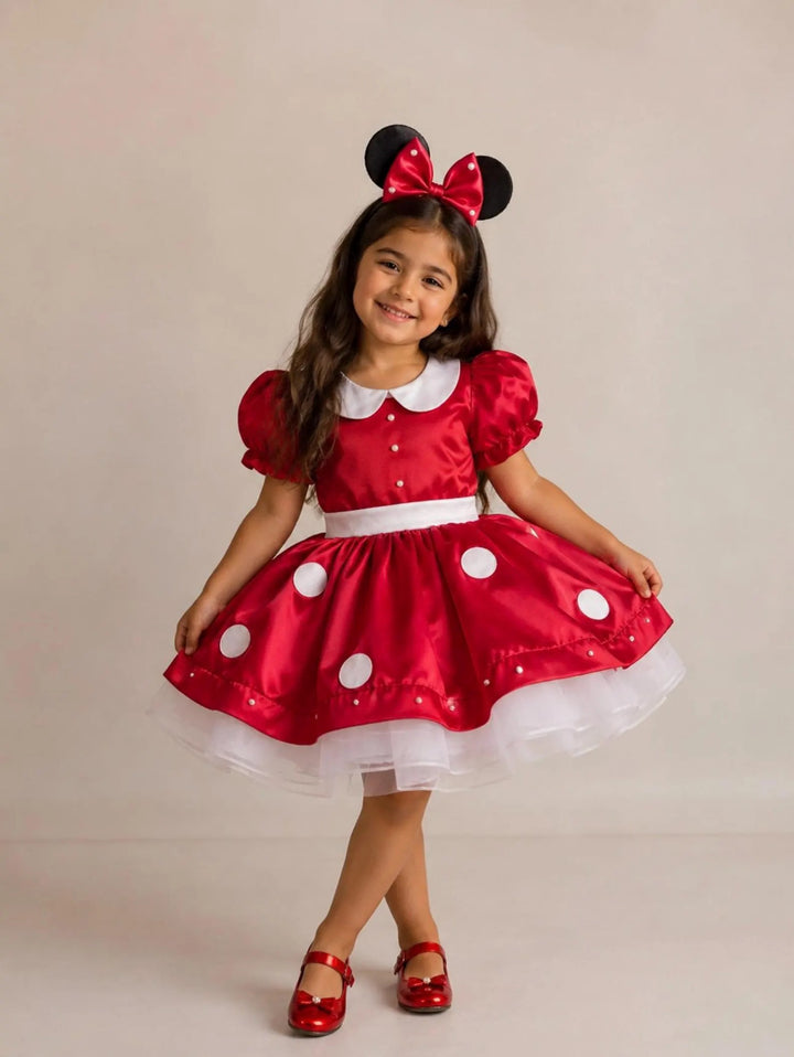 TinyTulle Charming Red Satin Flower Girl Dress with Puff Sleeves, Peter Pan Collar &amp; Polka Dot Skirt