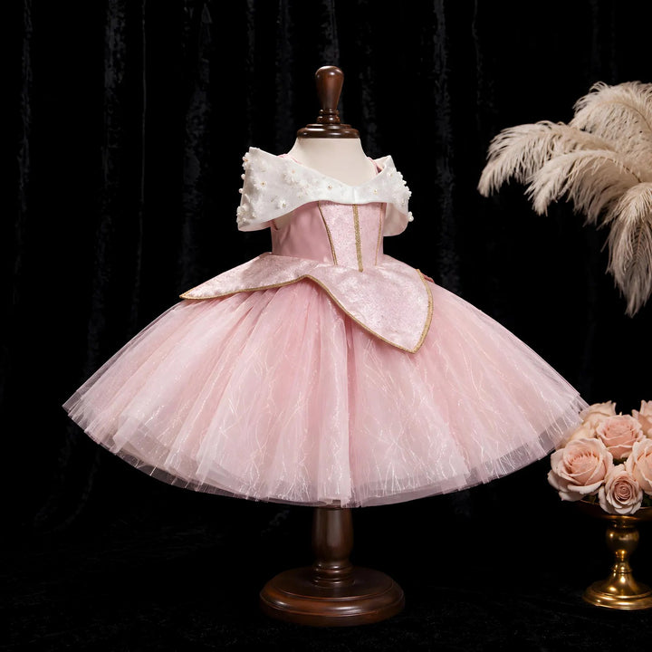 TinyTulle Pink Off-Shoulder Princess Ball Gown with Pearl Collar and 3D Flowers