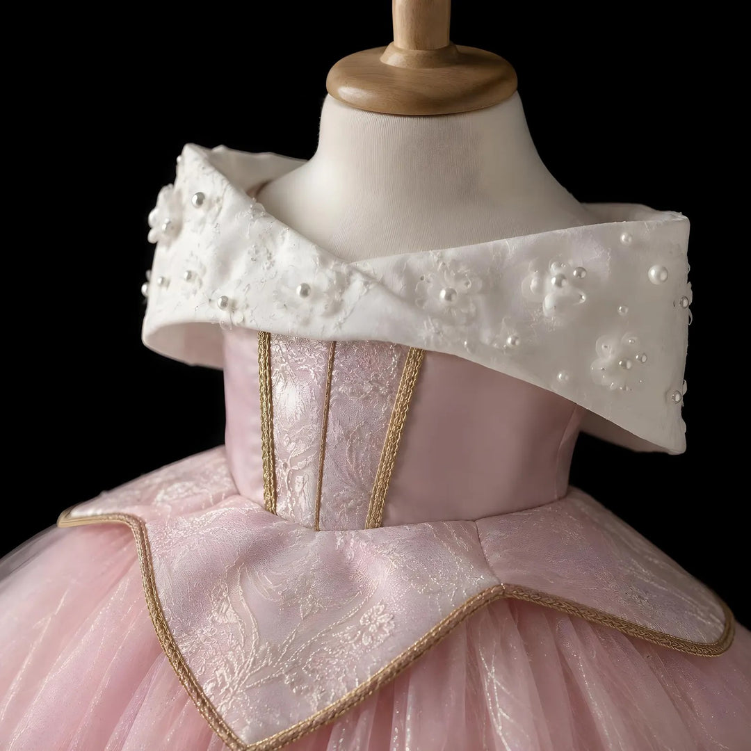 TinyTulle Pink Off-Shoulder Princess Ball Gown with Pearl Collar and 3D Flowers