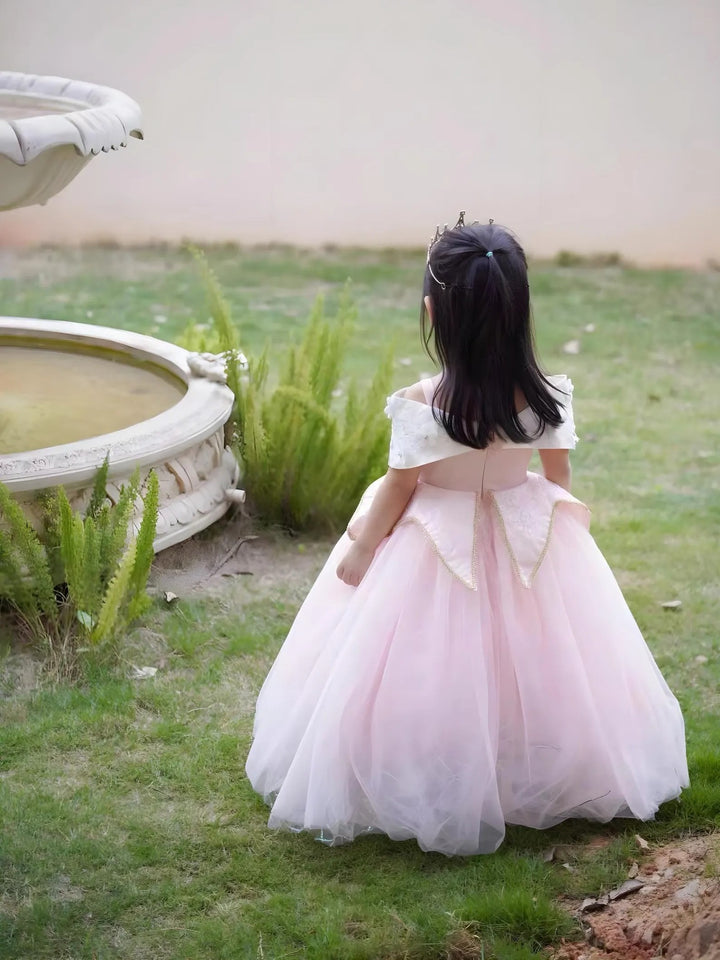 TinyTulle Pink Off-Shoulder Princess Ball Gown with Pearl Collar and 3D Flowers