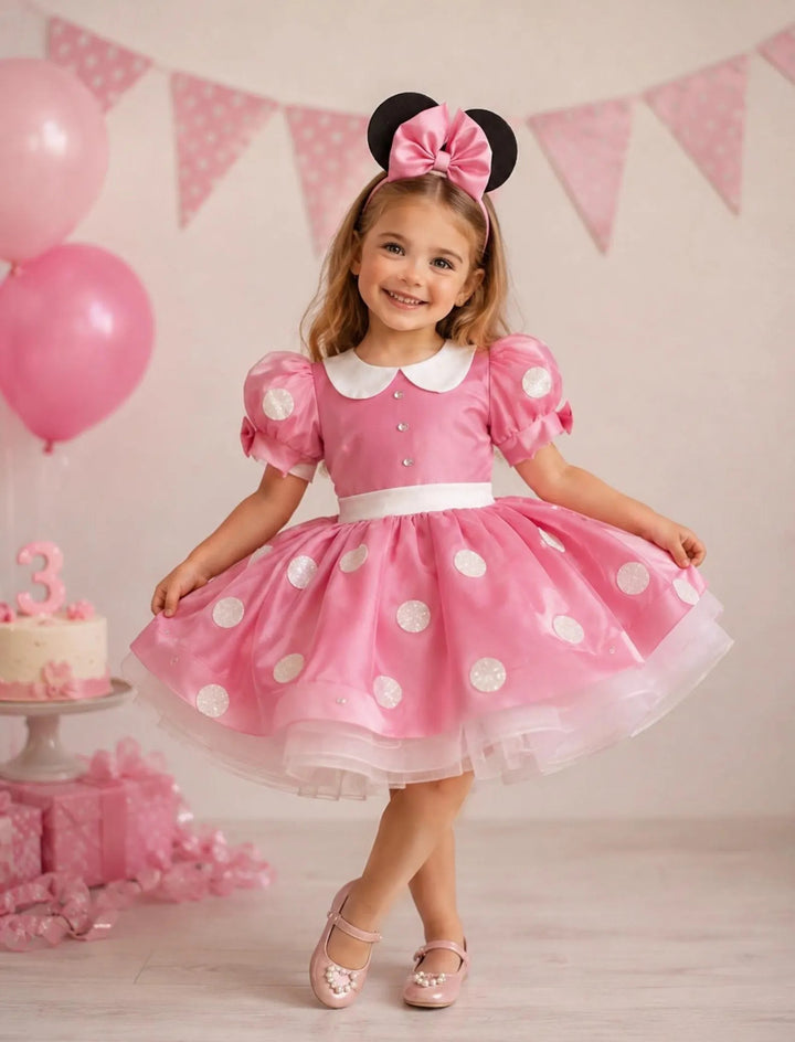 TinyTulle Charming Red Satin Flower Girl Dress with Puff Sleeves, Peter Pan Collar &amp; Polka Dot Skirt