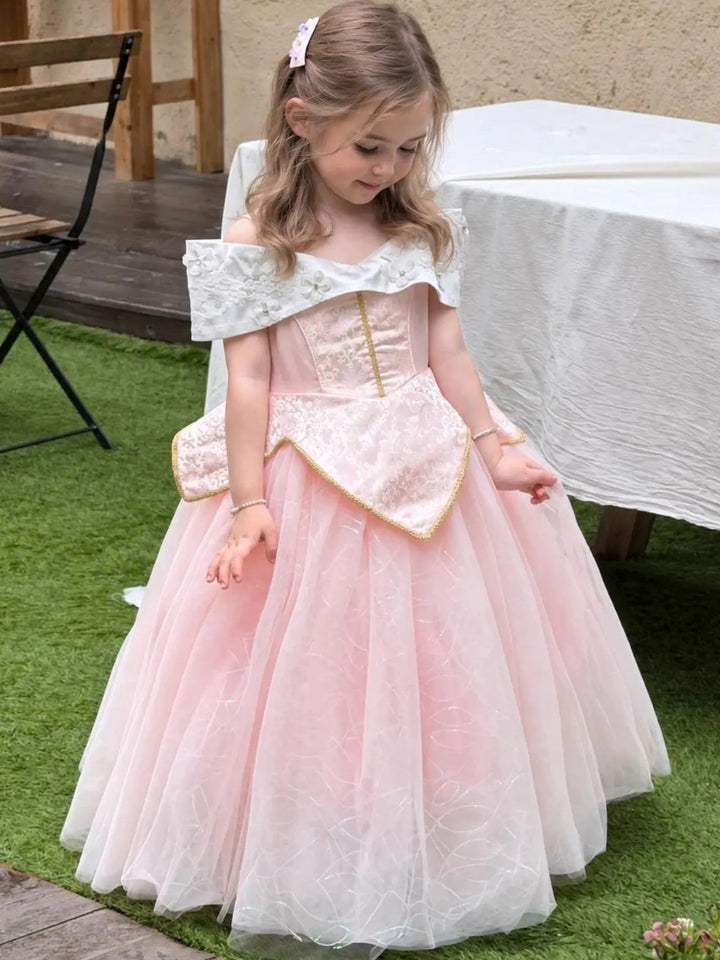 TinyTulle Pink Off-Shoulder Princess Ball Gown with Pearl Collar and 3D Flowers