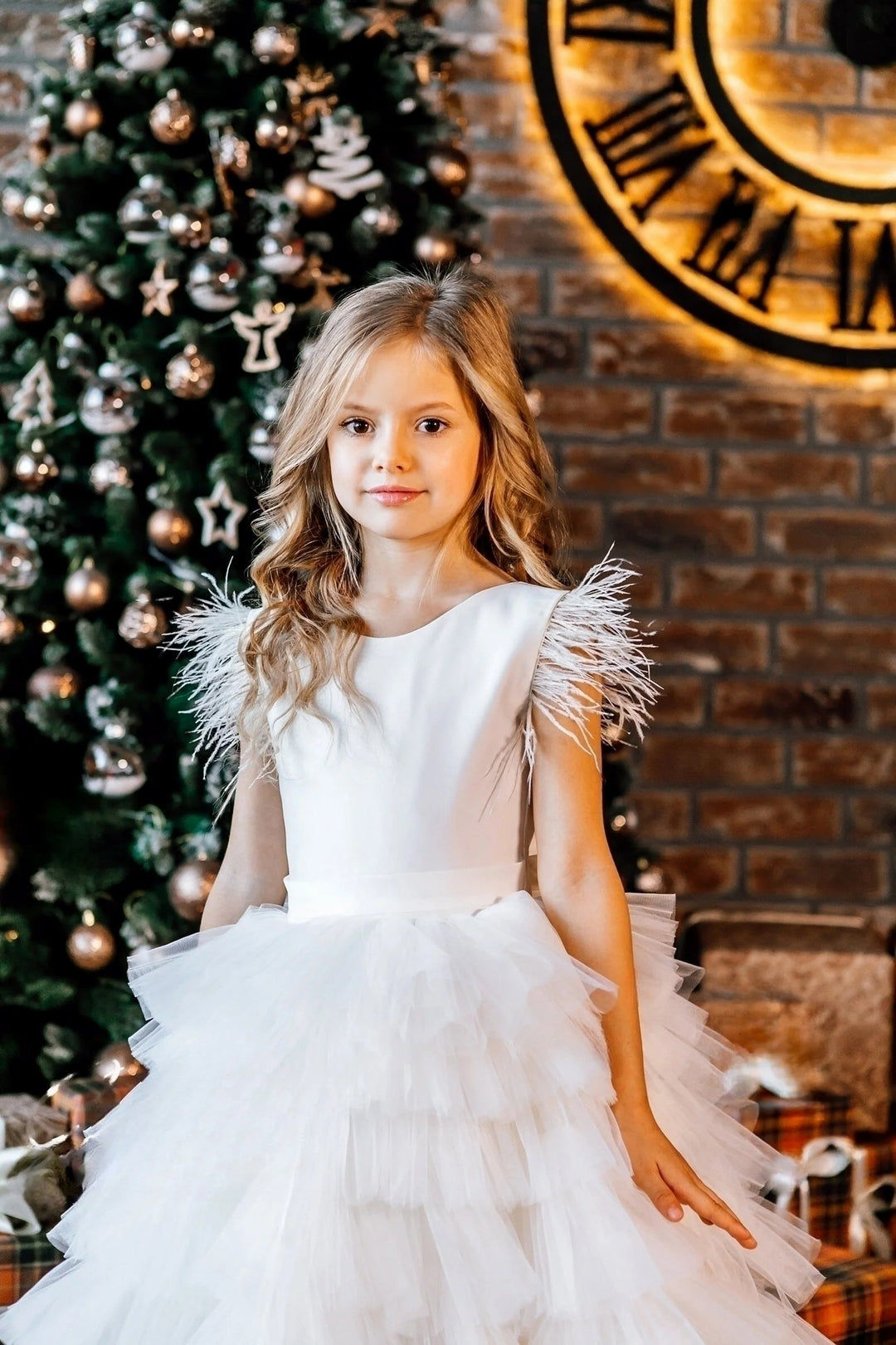 TinyTulle Elegant White Sleeveless Feathered Layered Tulle Flower Girl Dress