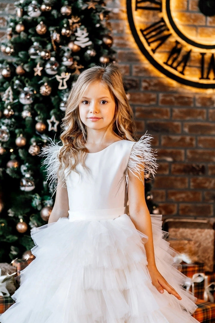 TinyTulle Elegant White Sleeveless Feathered Layered Tulle Flower Girl Dress
