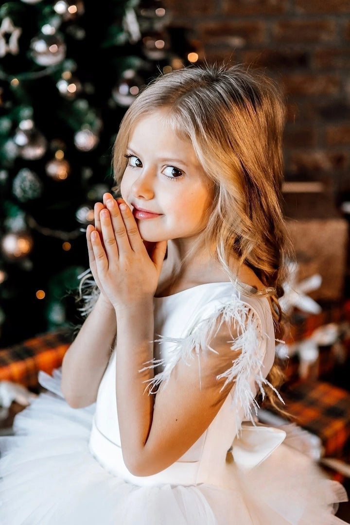 TinyTulle Elegant White Sleeveless Feathered Layered Tulle Flower Girl Dress