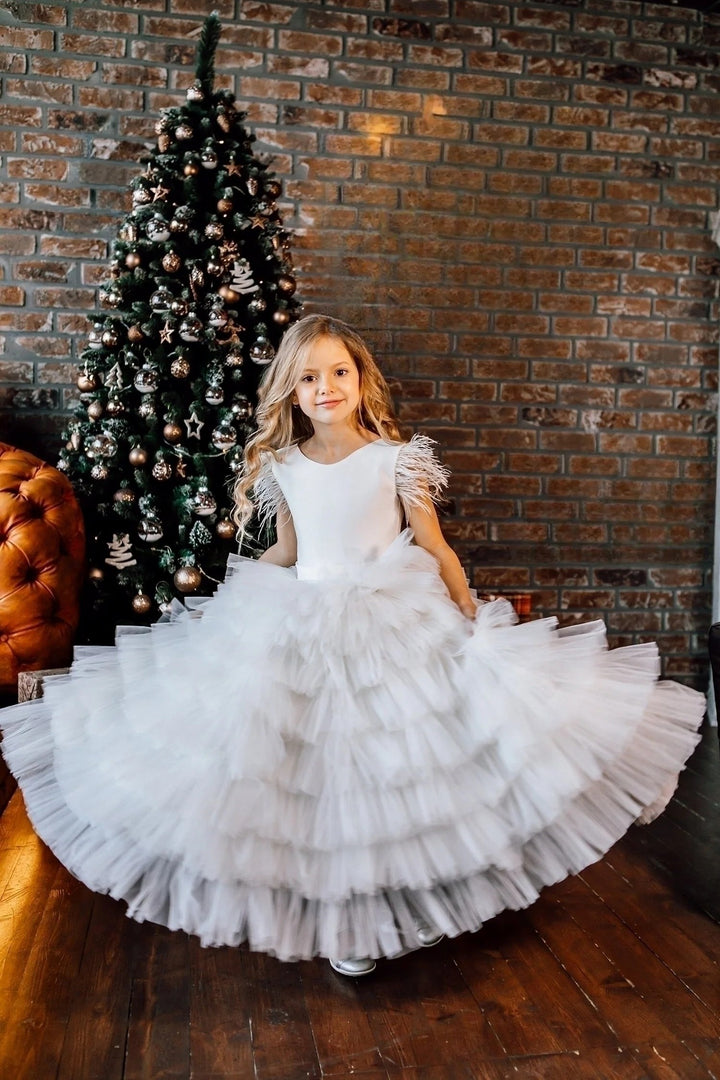 TinyTulle Elegant White Sleeveless Feathered Layered Tulle Flower Girl Dress