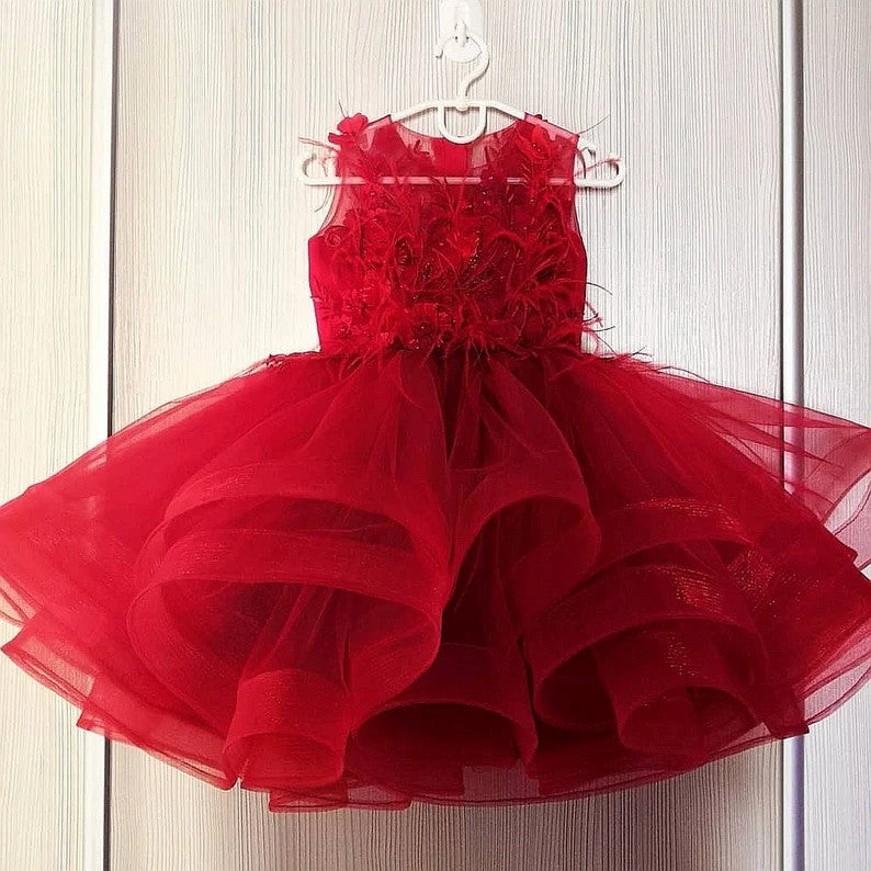 TinyTulle Red Floral Appliqué Layered Tulle Flower Girl Dress with Bow