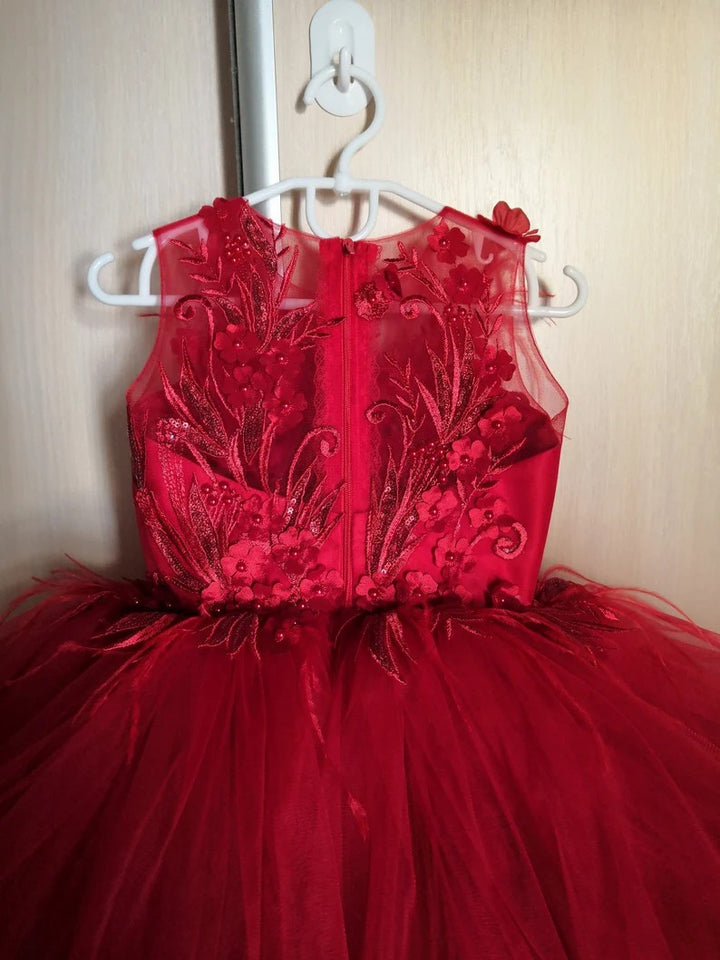 TinyTulle Red Floral Appliqué Layered Tulle Flower Girl Dress with Bow