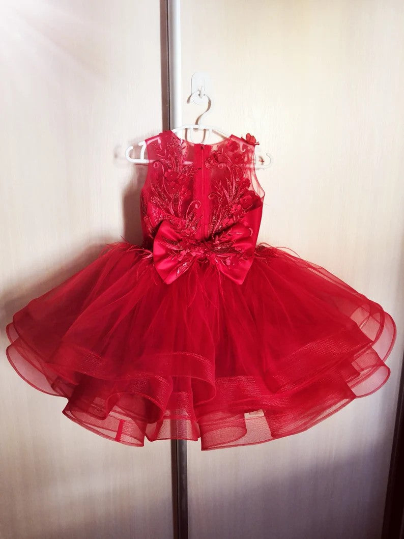 TinyTulle Red Floral Appliqué Layered Tulle Flower Girl Dress with Bow