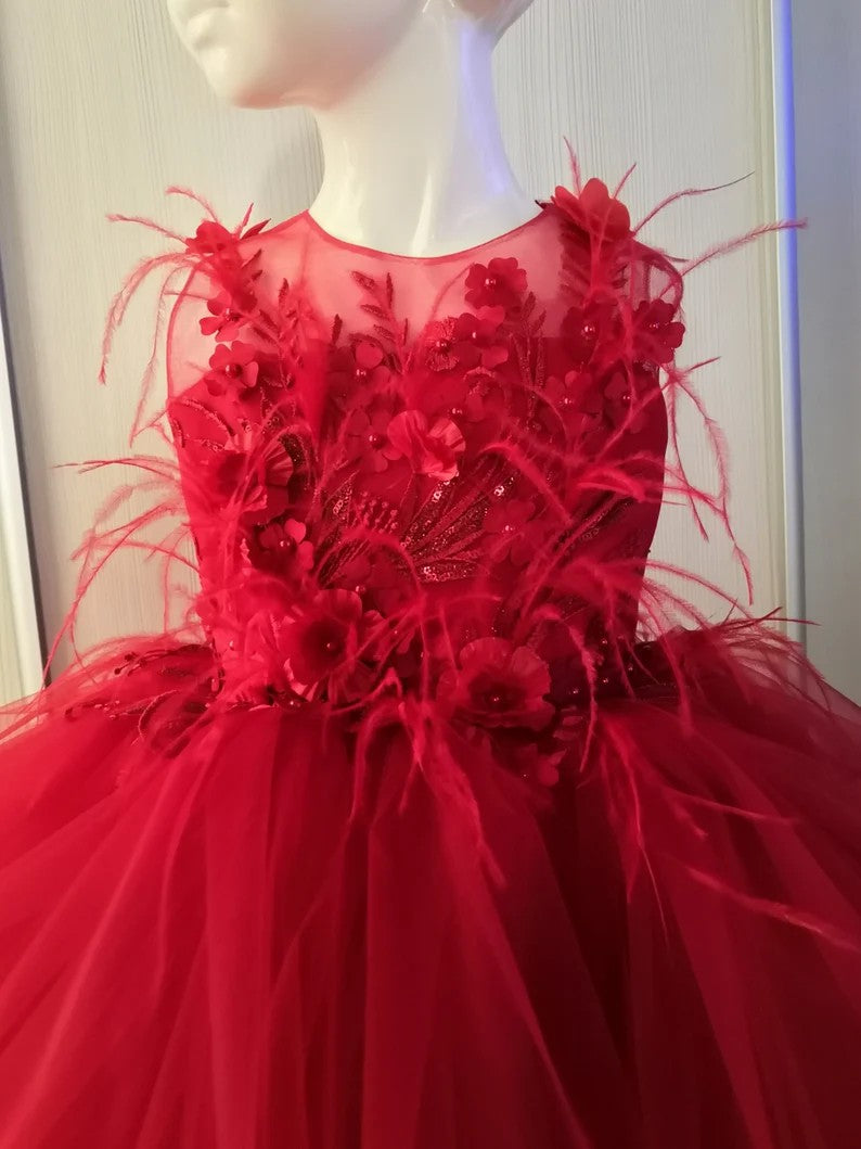 TinyTulle Red Floral Appliqué Layered Tulle Flower Girl Dress with Bow