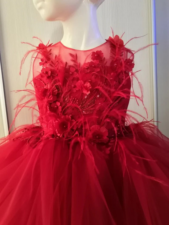 TinyTulle Red Floral Appliqué Layered Tulle Flower Girl Dress with Bow