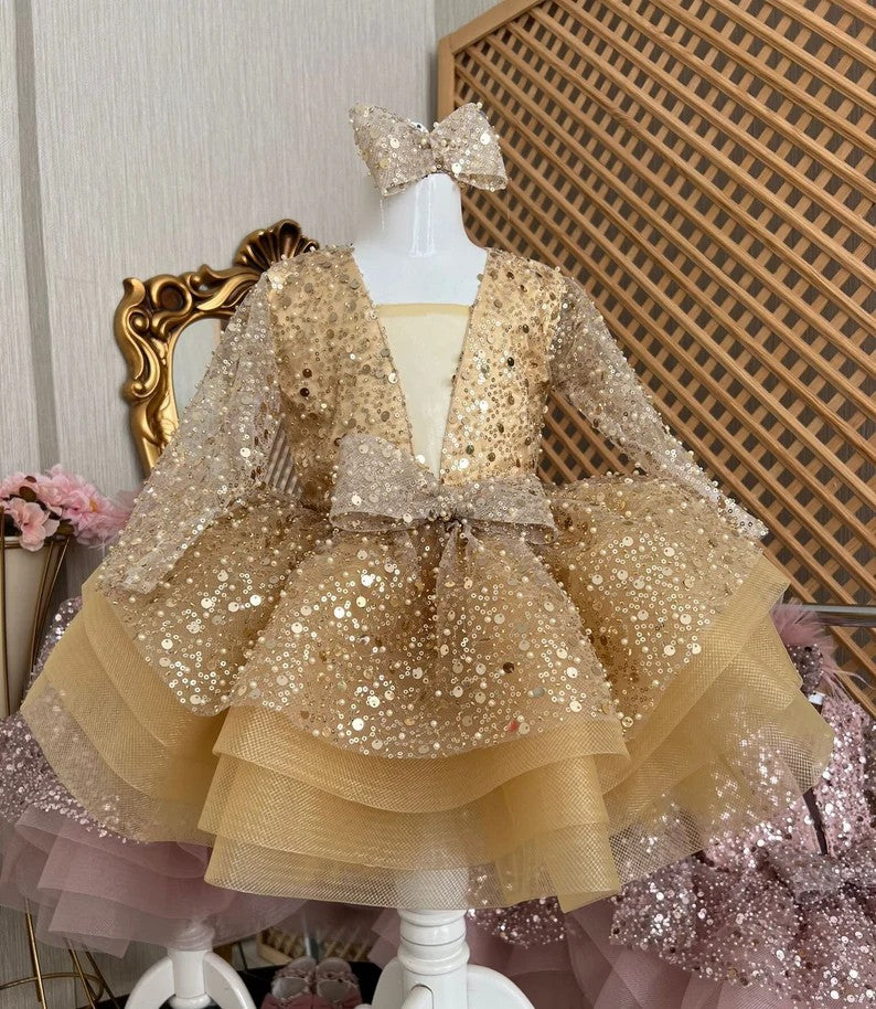 TinyTulle Golden Sparkle Long Sleeve Flower Girl Dress with Statement Bow