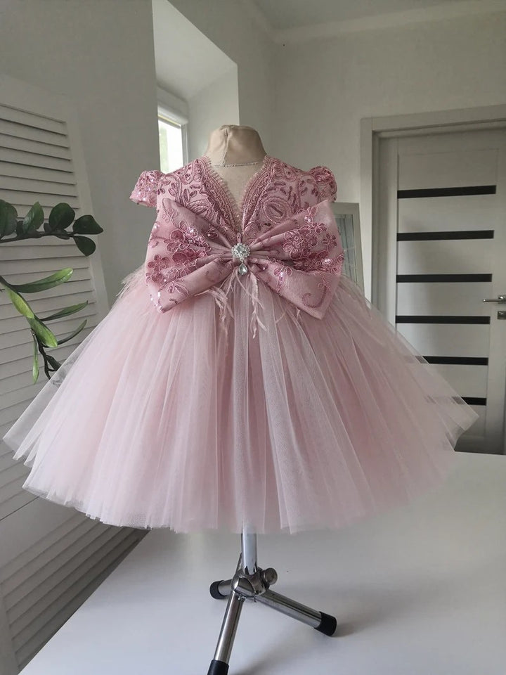TinyTulle Dusty Rose Lace Appliqué Tulle Flower Girl Ball Gown with Statement Bow