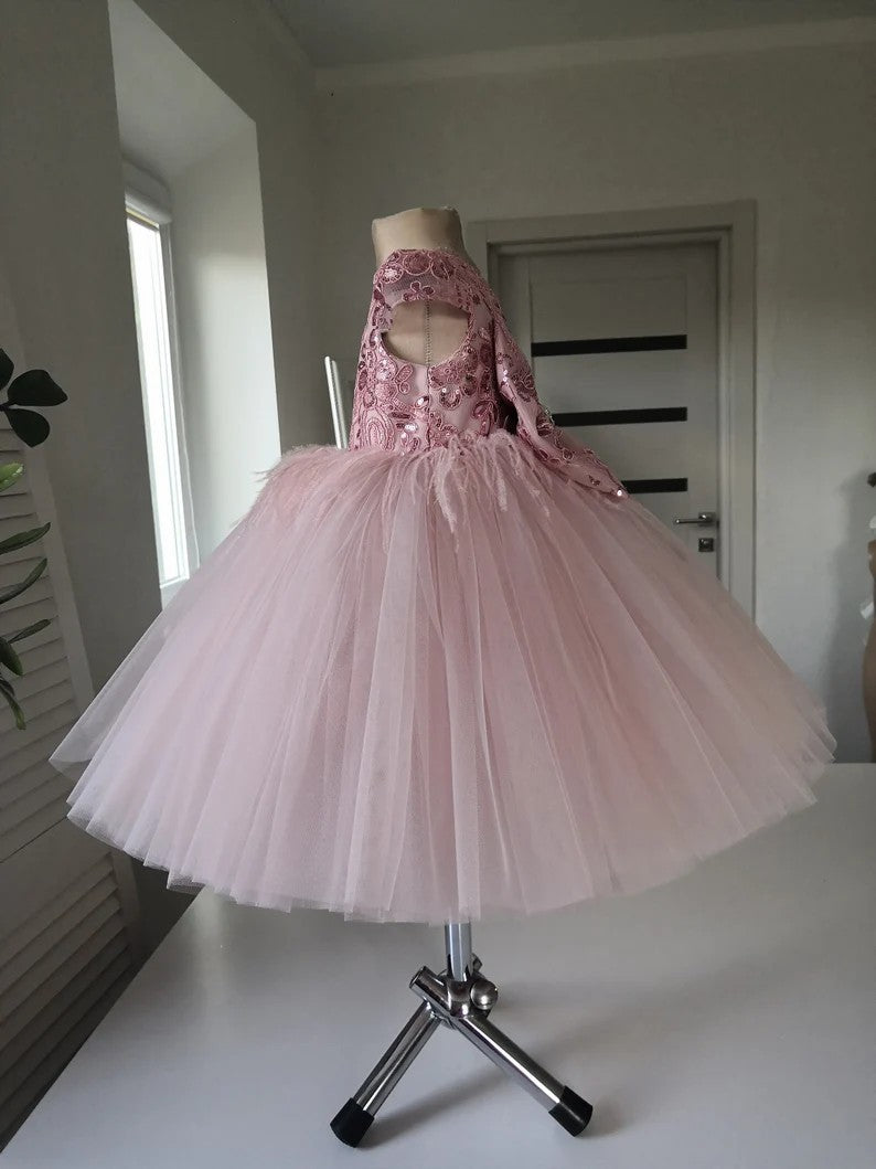 TinyTulle Dusty Rose Lace Appliqué Tulle Flower Girl Ball Gown with Statement Bow