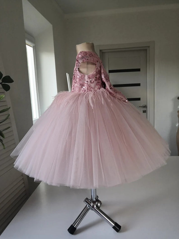 TinyTulle Dusty Rose Lace Appliqué Tulle Flower Girl Ball Gown with Statement Bow