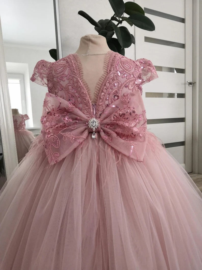 TinyTulle Dusty Rose Lace Appliqué Tulle Flower Girl Ball Gown with Statement Bow