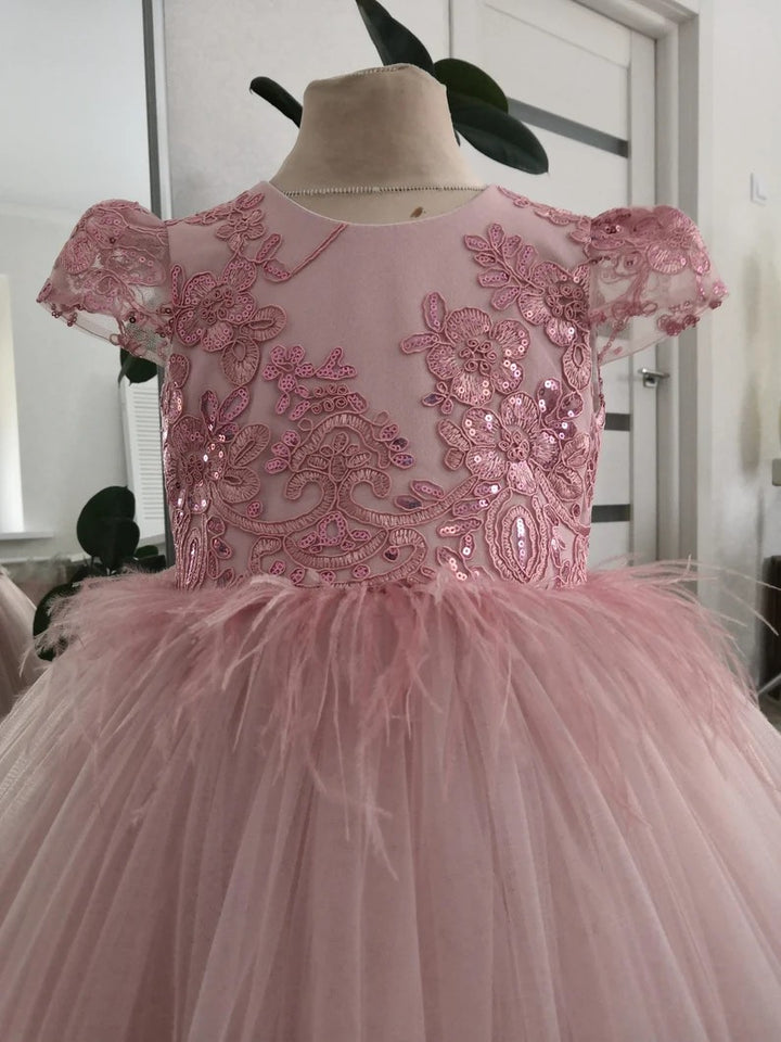 TinyTulle Dusty Rose Lace Appliqué Tulle Flower Girl Ball Gown with Statement Bow