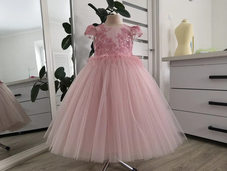 TinyTulle Dusty Rose Lace Appliqué Tulle Flower Girl Ball Gown with Statement Bow