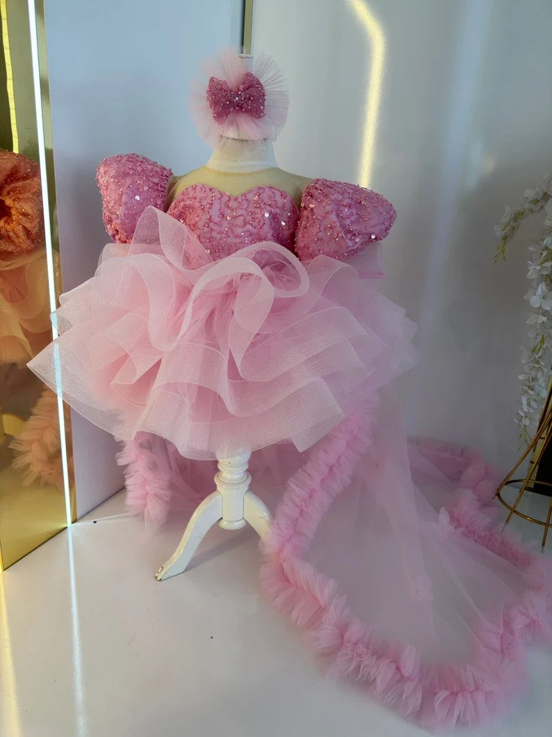 TinyTulle Pink Princess Beaded Puff Sleeve Flower Girl Dress with Dramatic Train