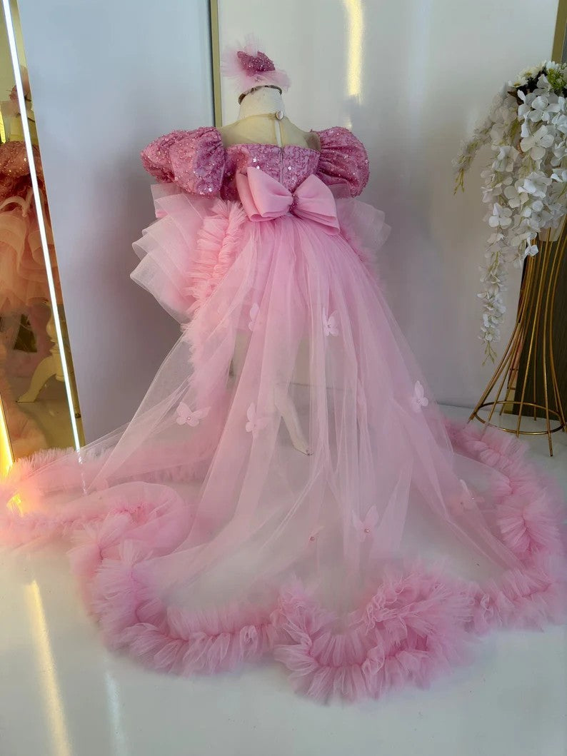TinyTulle Pink Princess Beaded Puff Sleeve Flower Girl Dress with Dramatic Train