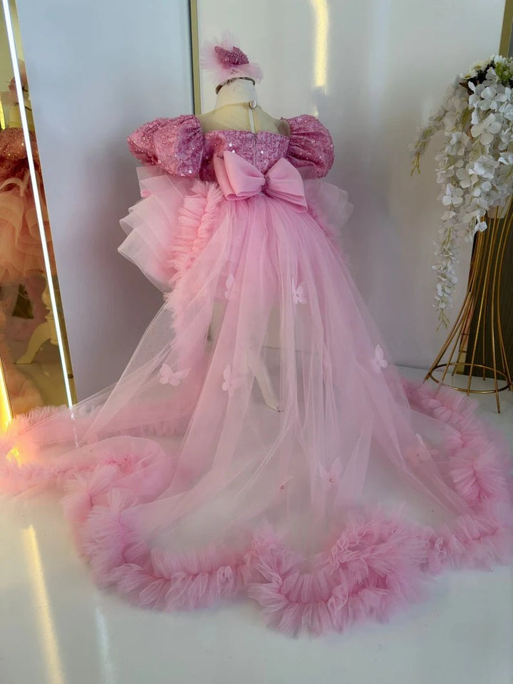 TinyTulle Pink Princess Beaded Puff Sleeve Flower Girl Dress with Dramatic Train