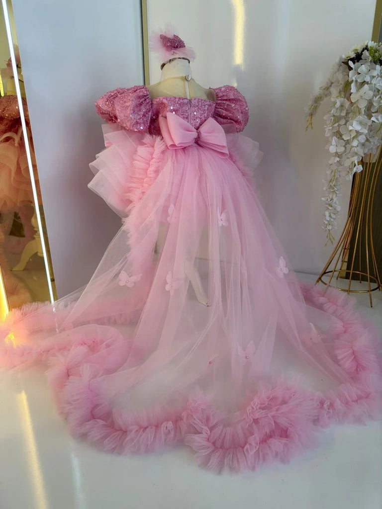 TinyTulle Pink Princess Beaded Puff Sleeve Flower Girl Dress with Dram