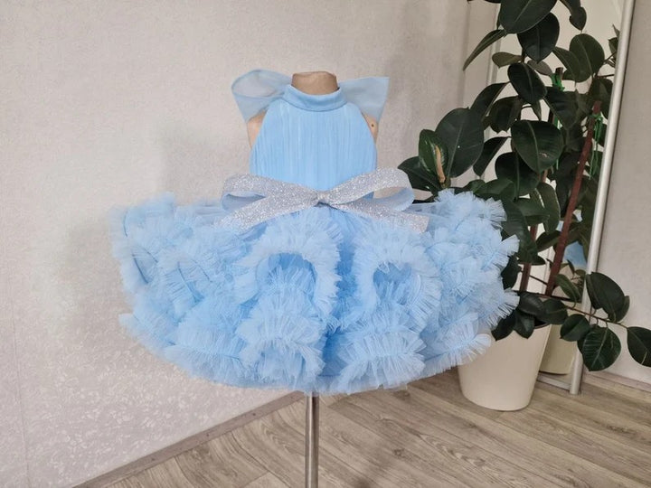 TinyTulle Stunning Blue Sleeveless Ruffled Ball Gown Princess Flower Girl Dresses