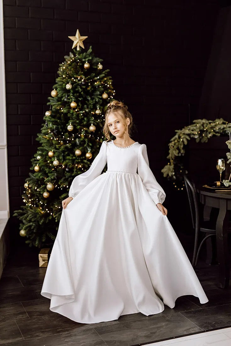 TinyTulle Elegant White Satin Long Sleeve Pearl Flower Girl Dress