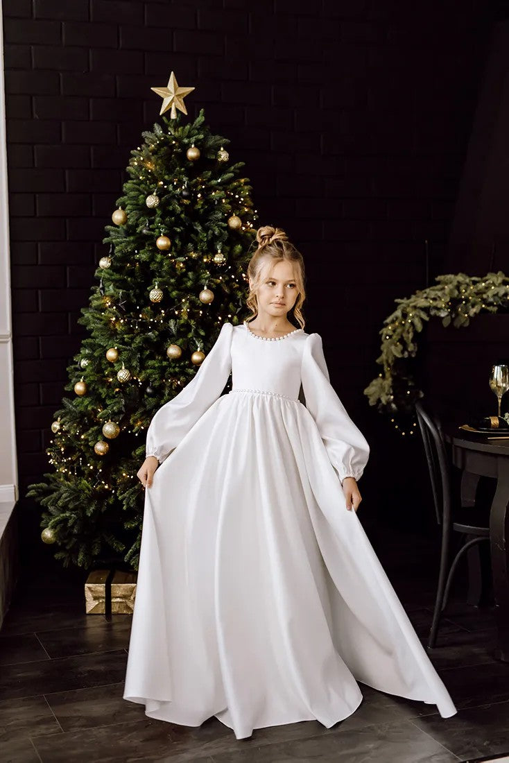 TinyTulle Elegant White Satin Long Sleeve Pearl Flower Girl Dress