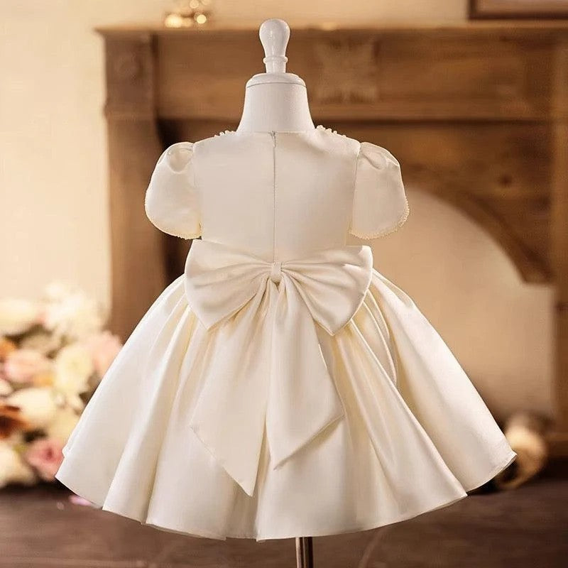 TinyTulle Elegant Ivory Satin Baby Girl Dress with Pearl Beaded Neckline for First Communion