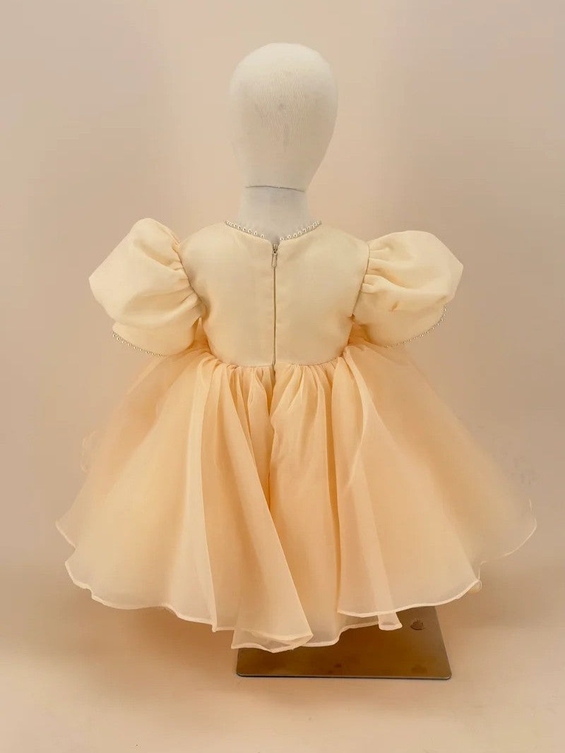 TinyTulle Champagne Satin &amp; Tulle Flower Girl Dress with Puff Sleeves and Floral Bow