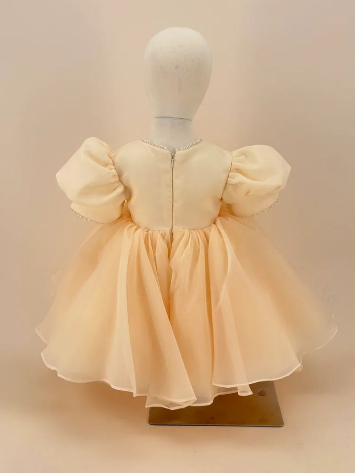 TinyTulle Champagne Satin &amp; Tulle Flower Girl Dress with Puff Sleeves and Floral Bow