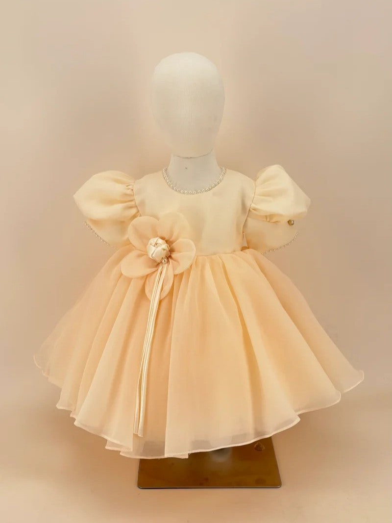 TinyTulle Champagne Satin &amp; Tulle Flower Girl Dress with Puff Sleeves and Floral Bow