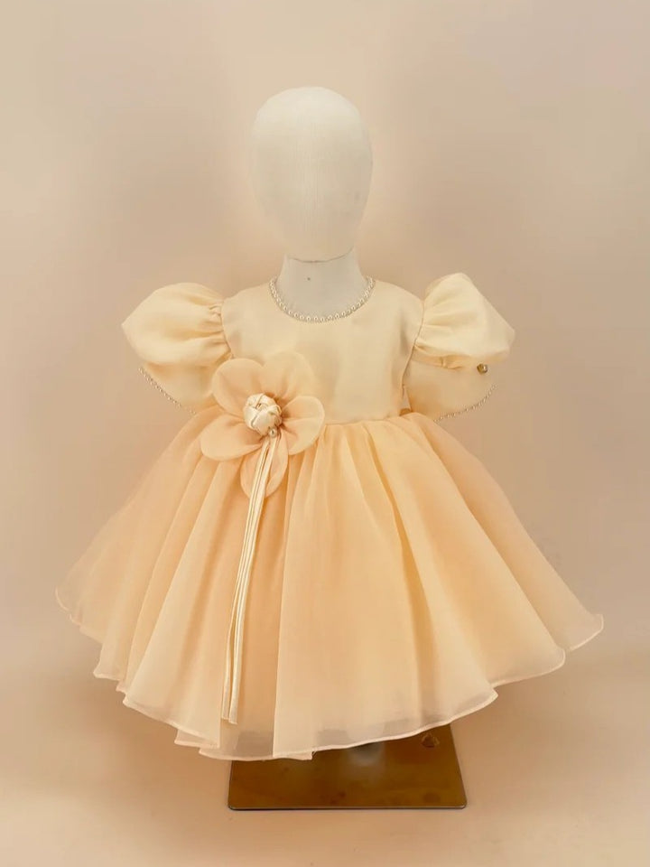 TinyTulle Champagne Satin &amp; Tulle Flower Girl Dress with Puff Sleeves and Floral Bow