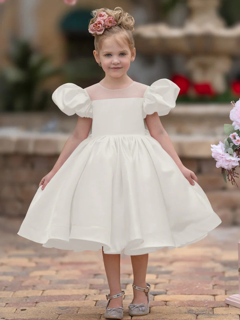 TinyTulle Elegant Puff Sleeve Satin A-Line Flower Girl Dress with Bow